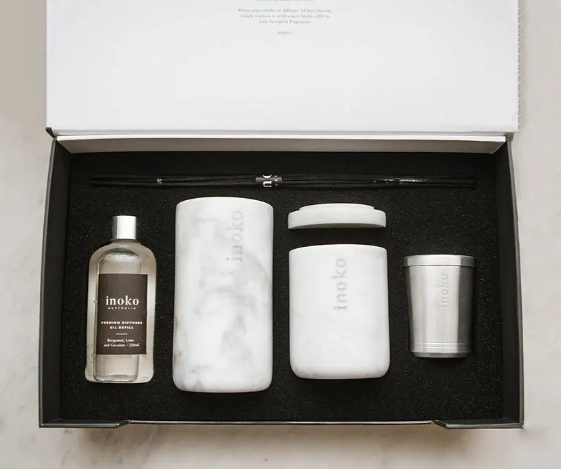 Inoko Australia | Multi Gift Set Marble -Diffuser Vessel, Diffuser Refill, Small Candle Vessel, & Small Candle Refill