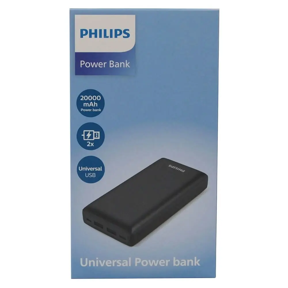 Philips Quick Charge 20000mAh Power Bank USB-A/USB-C Portable Battery Pack Black