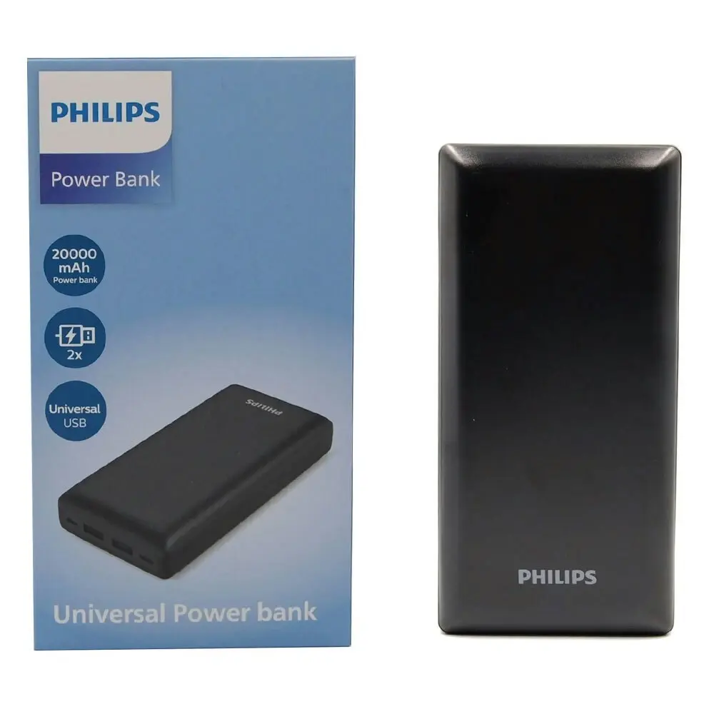 Philips Quick Charge 20000mAh Power Bank USB-A/USB-C Portable Battery Pack Black