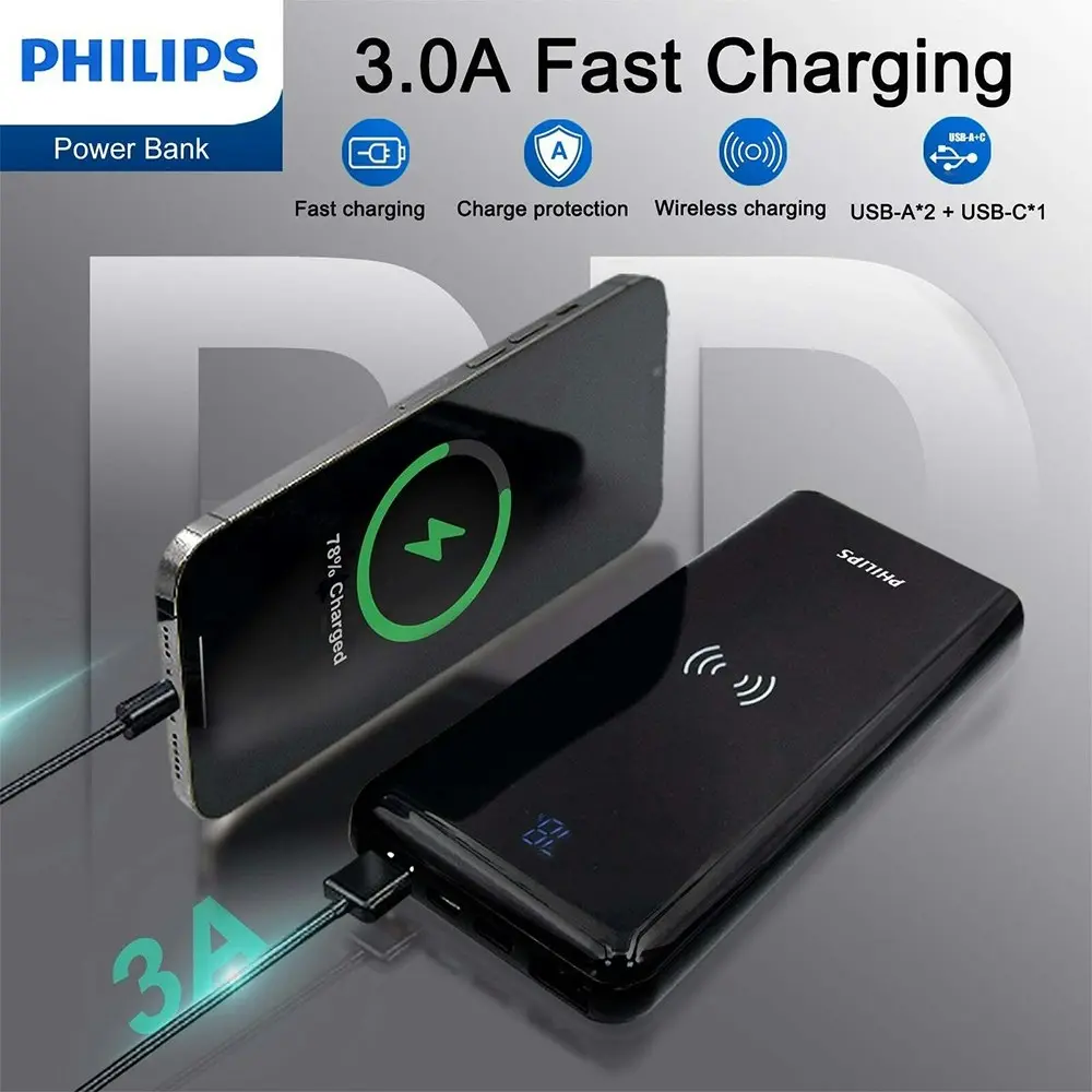 Philips 10000mAh PD/QC3 USB-A/USB-C Qi Wireless Charging Phone Power Bank Black