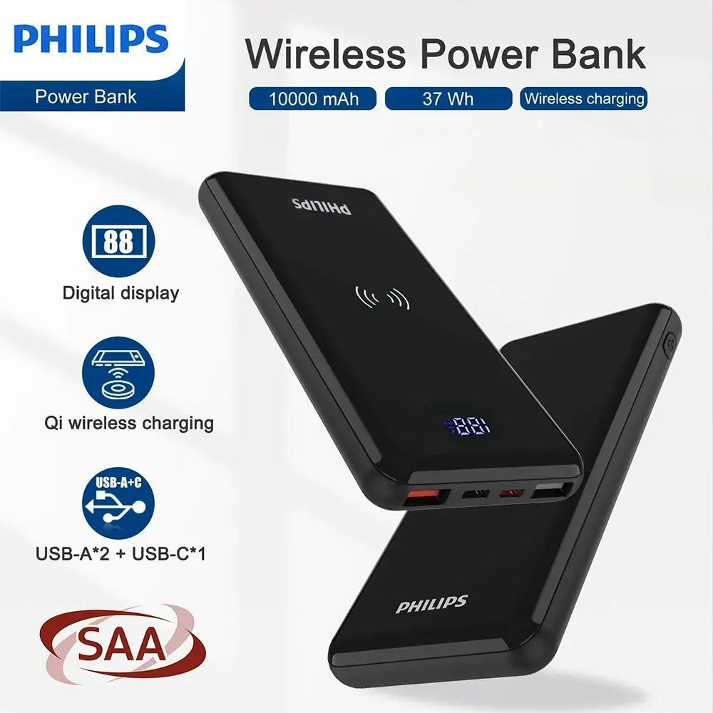 Philips 10000mAh PD/QC3 USB-A/USB-C Qi Wireless Charging Phone Power Bank Black