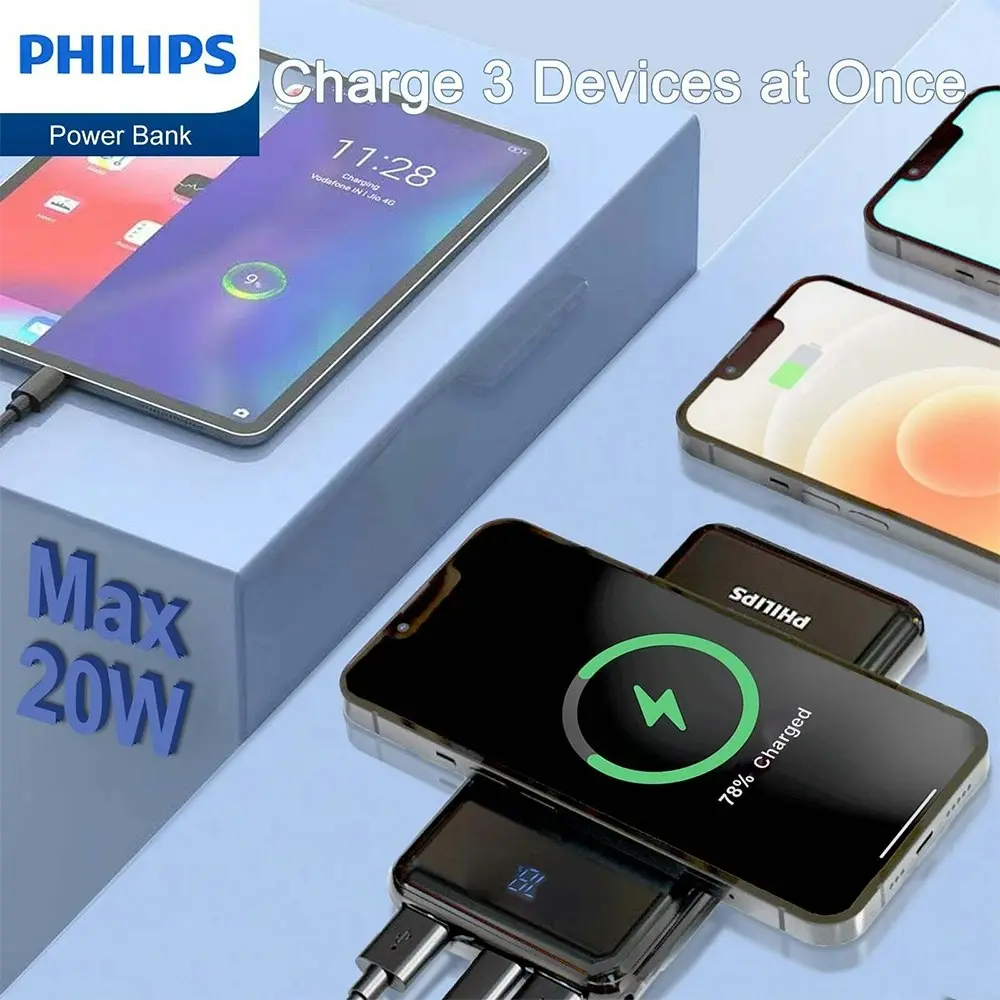 Philips 10000mAh PD/QC3 USB-A/USB-C Qi Wireless Charging Phone Power Bank Black