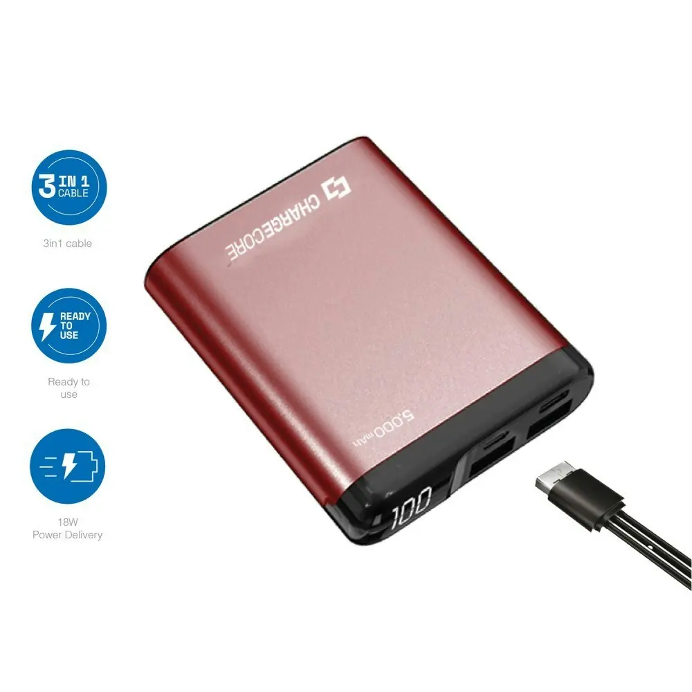 ChargeCore 5000mAh Power Bank USB-C/USB-A Portable External Battery Charger Red