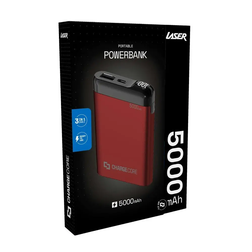 ChargeCore 5000mAh Power Bank USB-C/USB-A Portable External Battery Charger Red