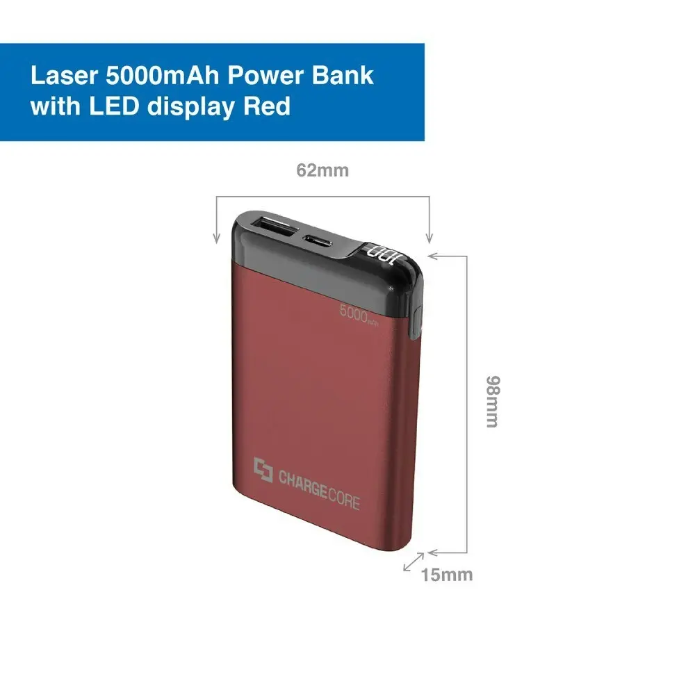 ChargeCore 5000mAh Power Bank USB-C/USB-A Portable External Battery Charger Red