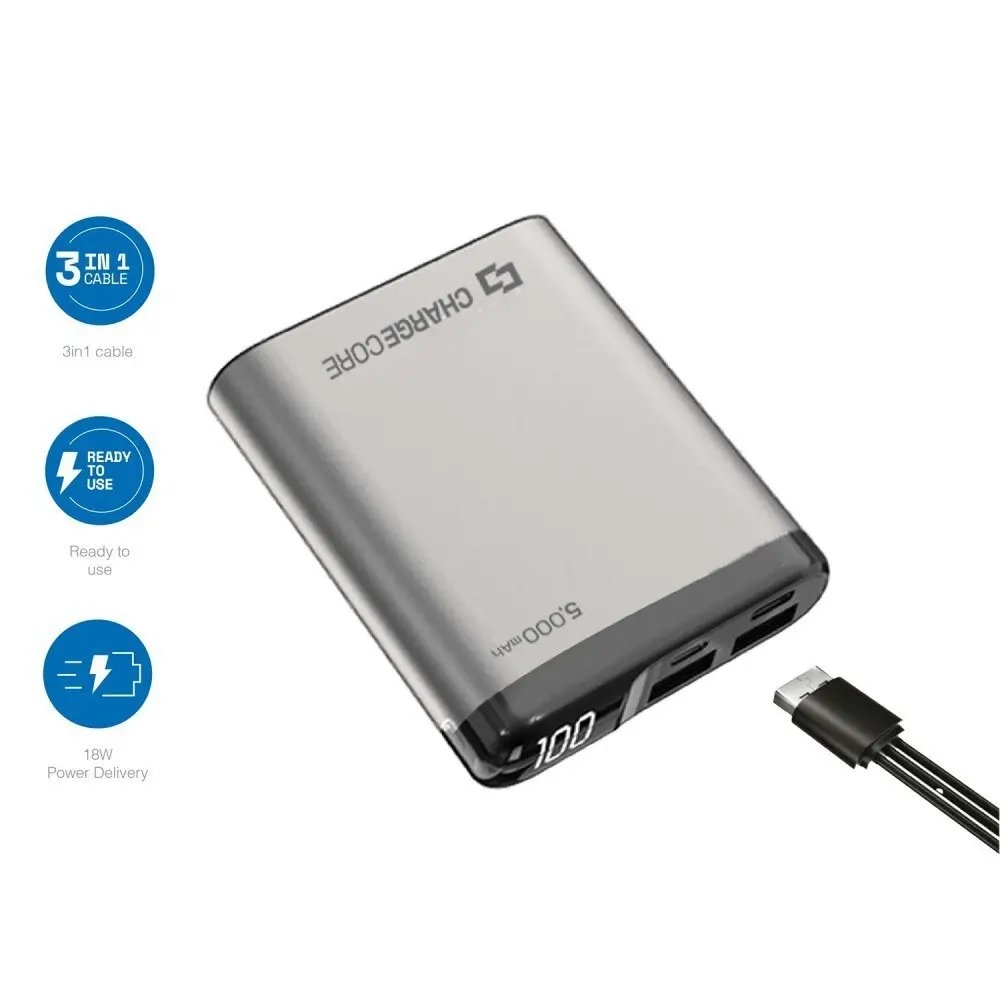 ChargeCore 5000mAh Power Bank USB-C/USB-A Portable External Battery Charger SLV