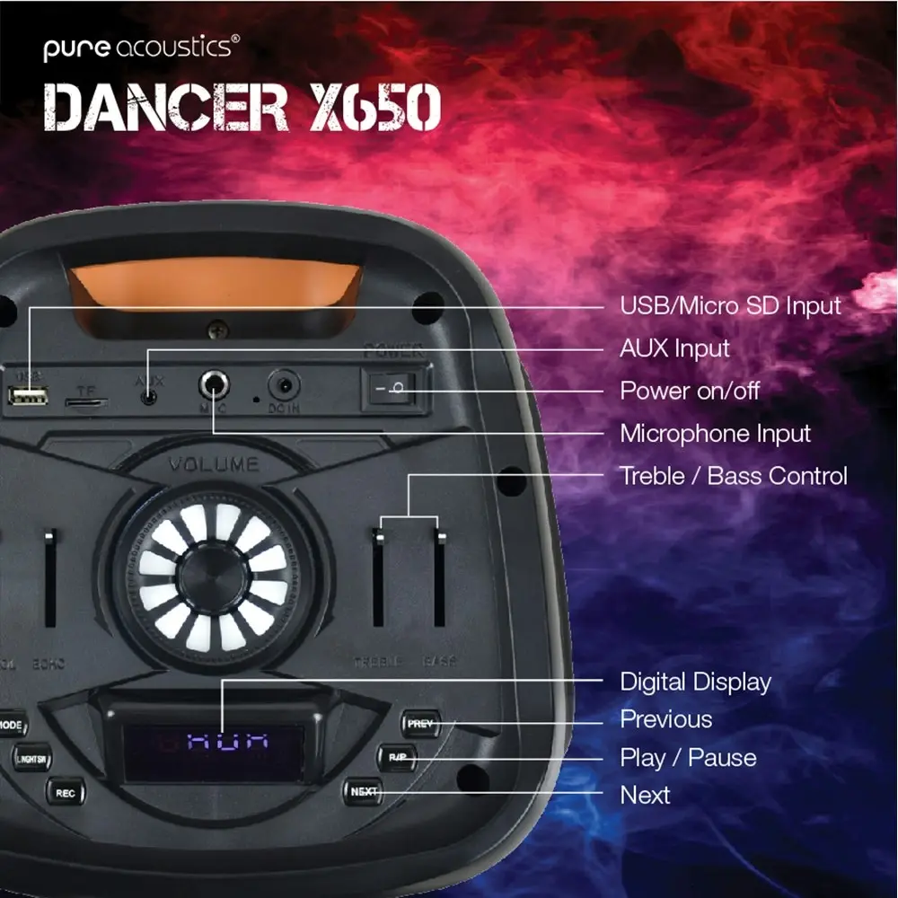 Pure Acoustics Dancer 650X 300W PA Bluetooth Speaker/USB/FM Radio/Wireless Mic