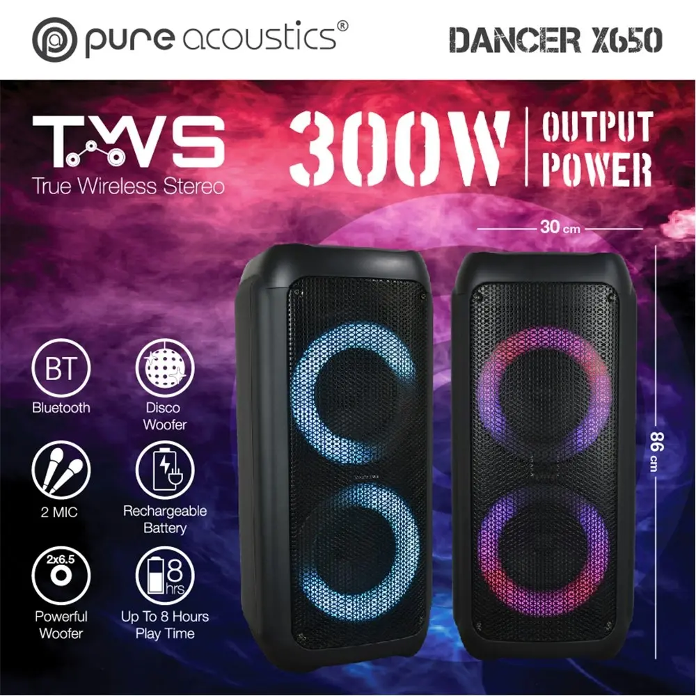 Pure Acoustics Dancer 650X 300W PA Bluetooth Speaker/USB/FM Radio/Wireless Mic