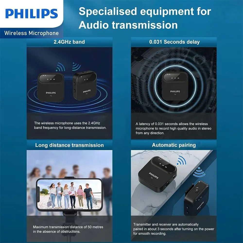 2pc Philips 2.4GHz Wireless Microphone Audio Sound Recorder/Collector Black