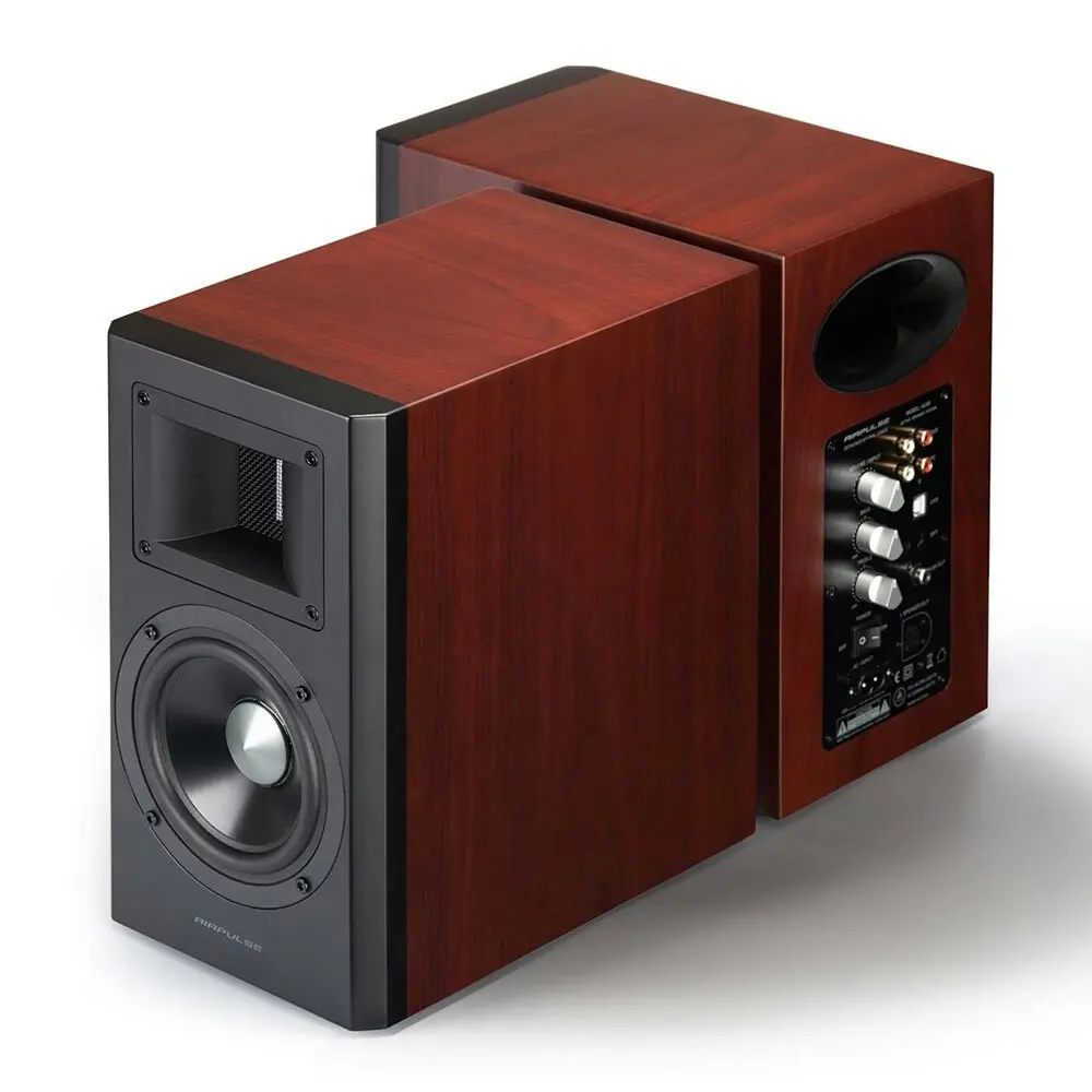 Airpulse A100 Active Wireless Bookshelf Speakers and WiiM Mini Cherry Wood