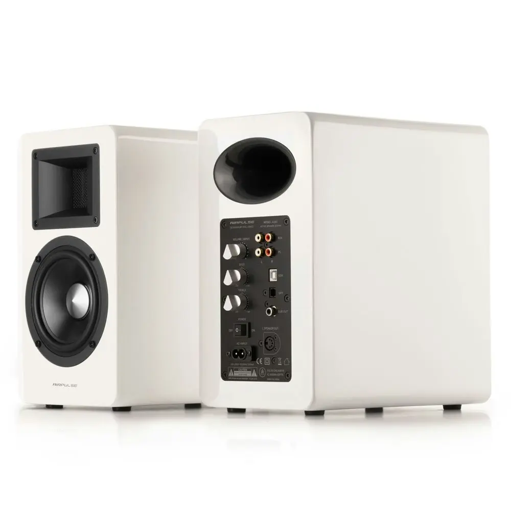 Airpulse A100 Active Wireless Bookshelf Speakers and WiiM Mini Streamer White