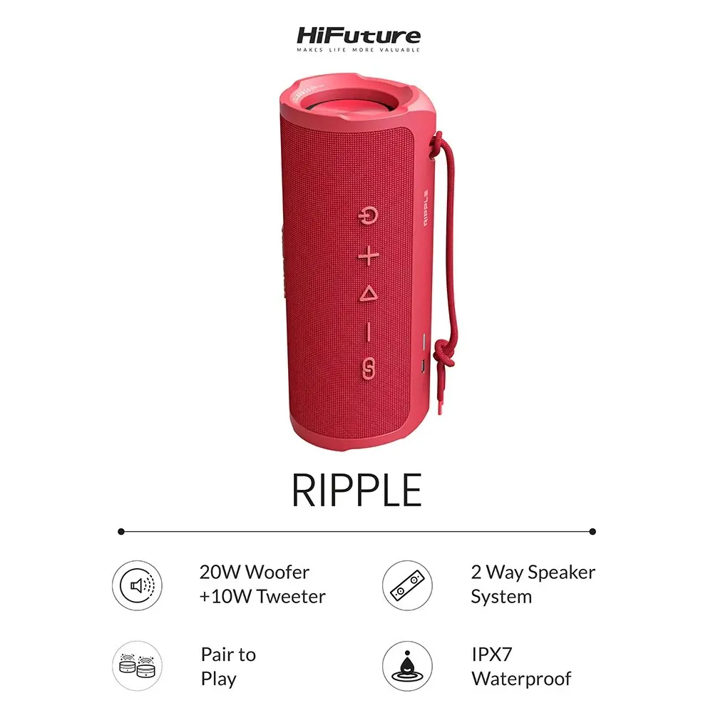 HiFuture Ripple 20W Portable Wireless Bluetooth Music/Sound Speaker w/ Strap Red