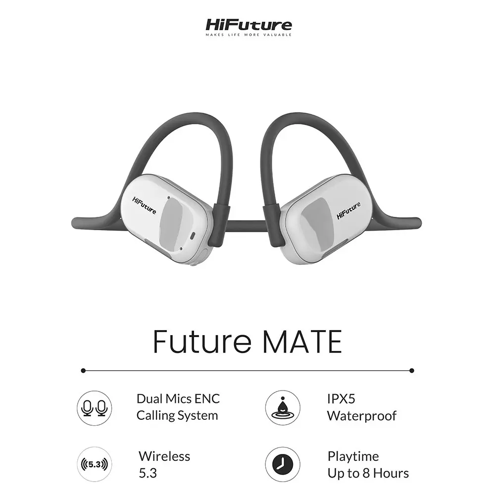 HiFuture FutureMate Open Ear Air Conduction ENC Headphones w/ 2-Mic Grey/White