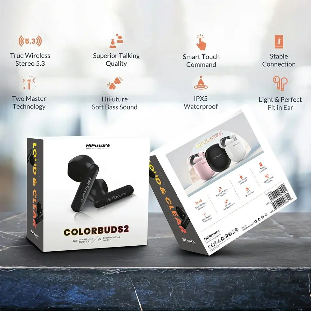 HiFuture Colourbuds2 True Wireless Bluetooth Soft Bass Earbuds Noise Cancel BLK