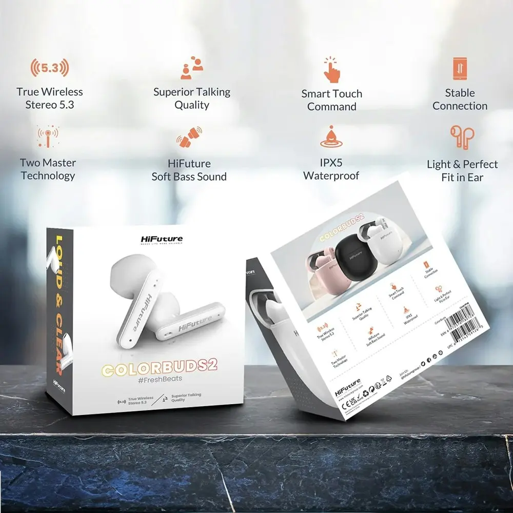 HiFuture Colourbuds2 True Wireless Bluetooth Soft Bass Earbuds Noise Cancel WHT