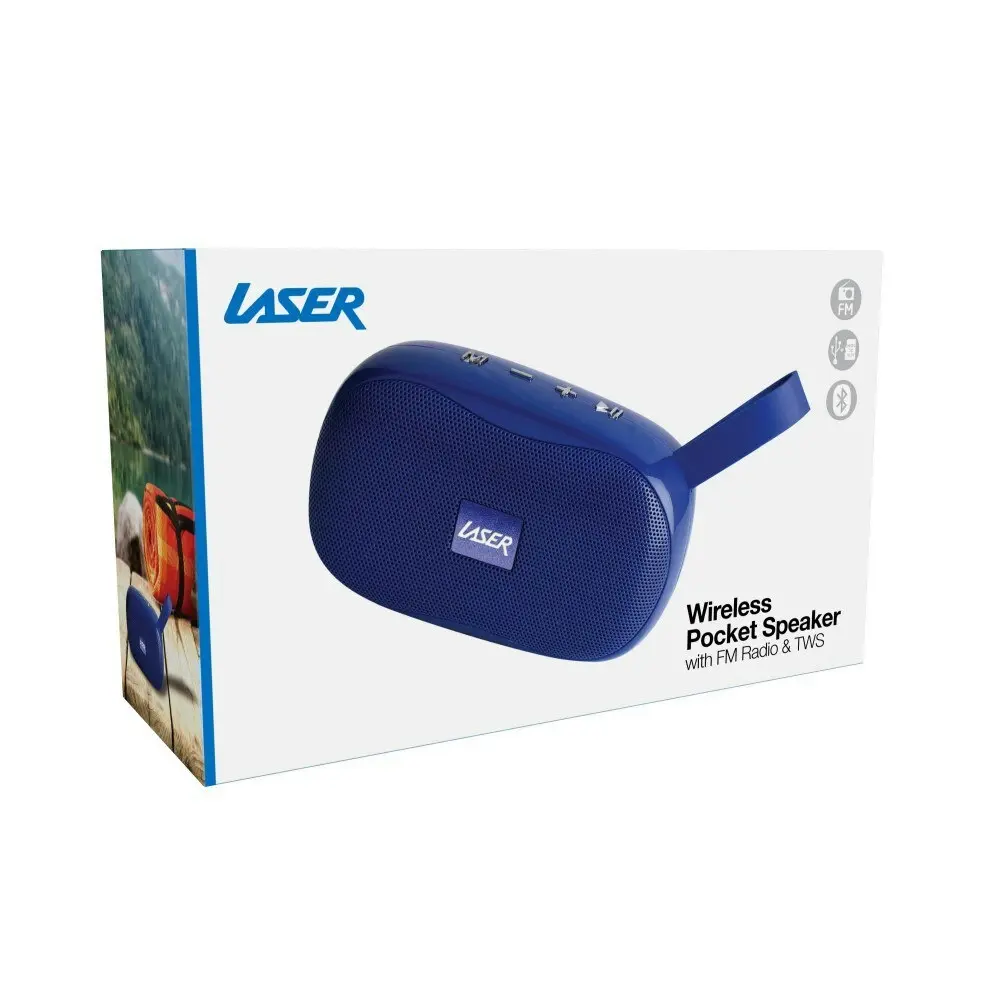 Laser TWS Bluetooth Wireless Pocket Speaker FM Radio Portable w/ Strap Blue