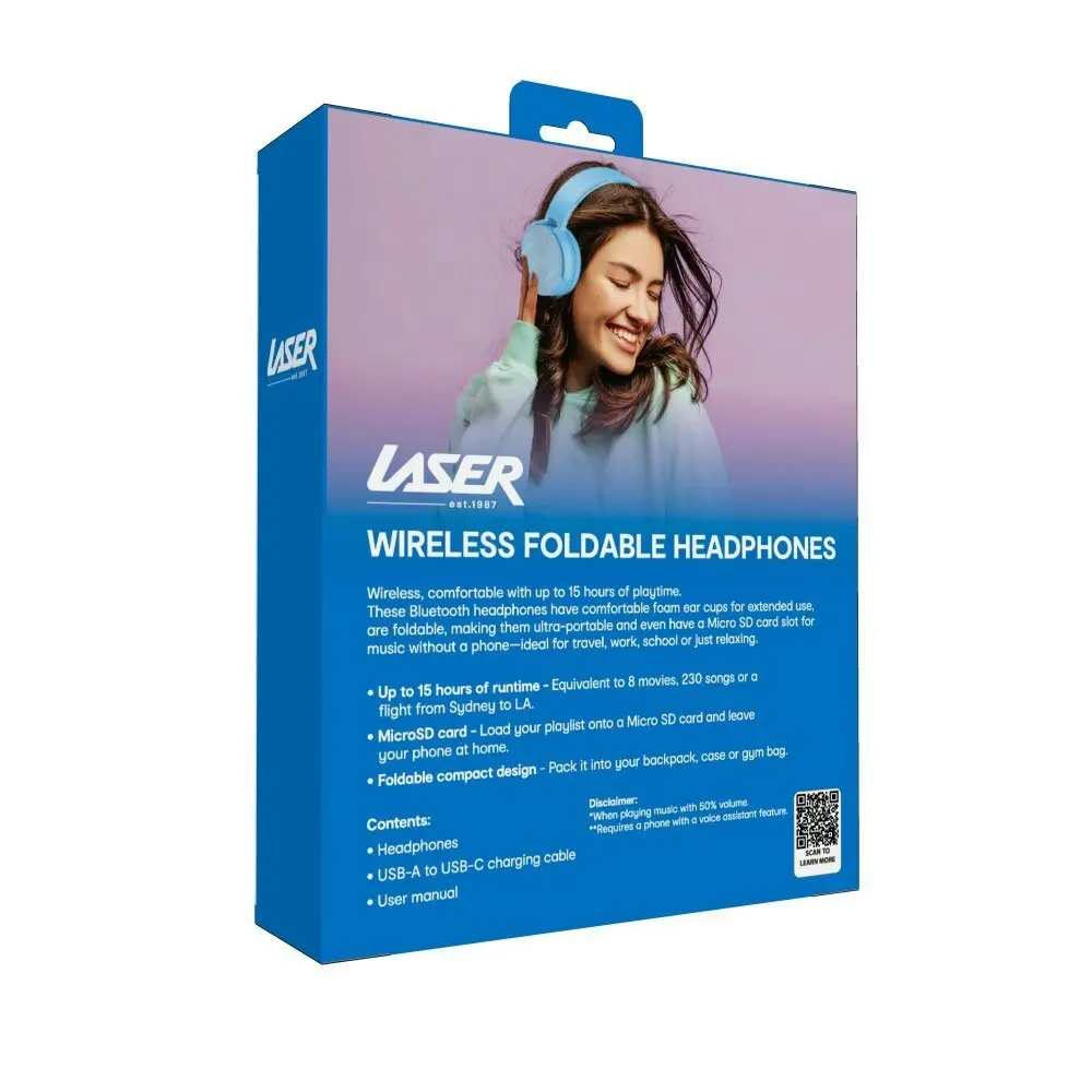 Laser Kids Bluetooth Wireless Headphones Adjustable Foldable On-Ear Headset Blue