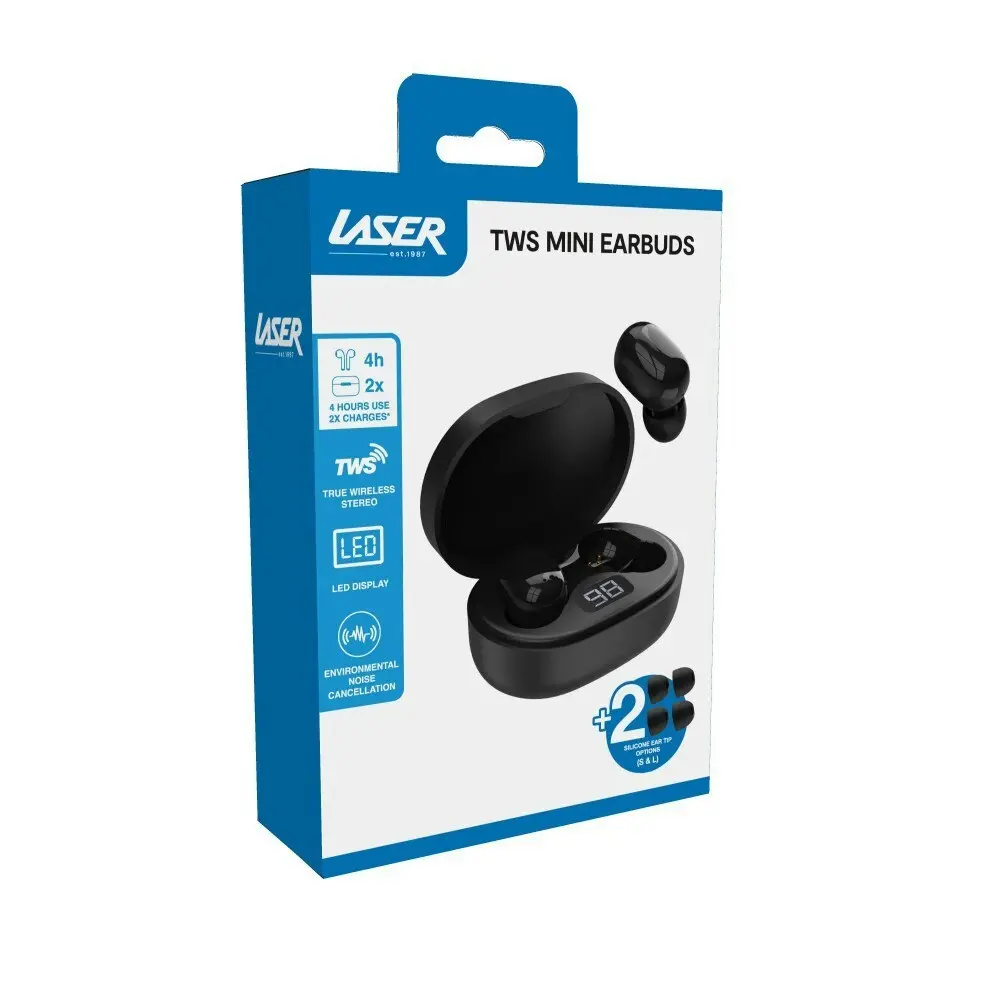 Laser TWS ENC LED Mini Wireless Bluetooth In-Ear Earbuds w/ Charging Case Black