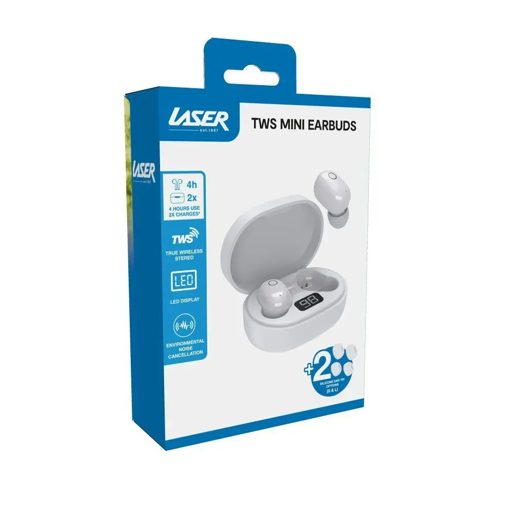 Laser TWS ENC LED Mini Wireless Bluetooth In-Ear Earbuds w/ Charging Case White