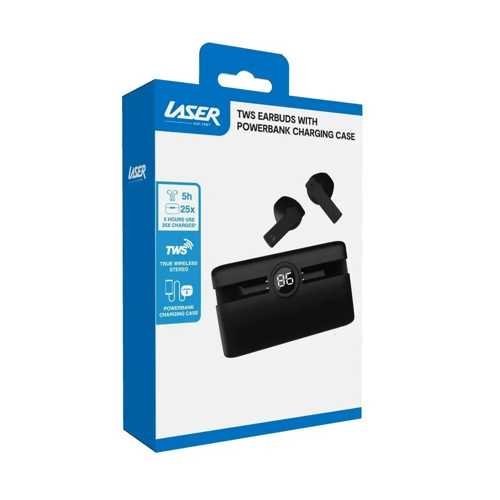 Laser TWS Wireless Bluetooth In-Ear Earbuds w/ Power Bank Charging Case Black