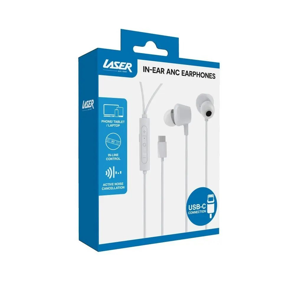 Laser Wired In-Ear ANC USB-C Earphones w/ Mic For Phone/Tablet/Laptop White 1.2m