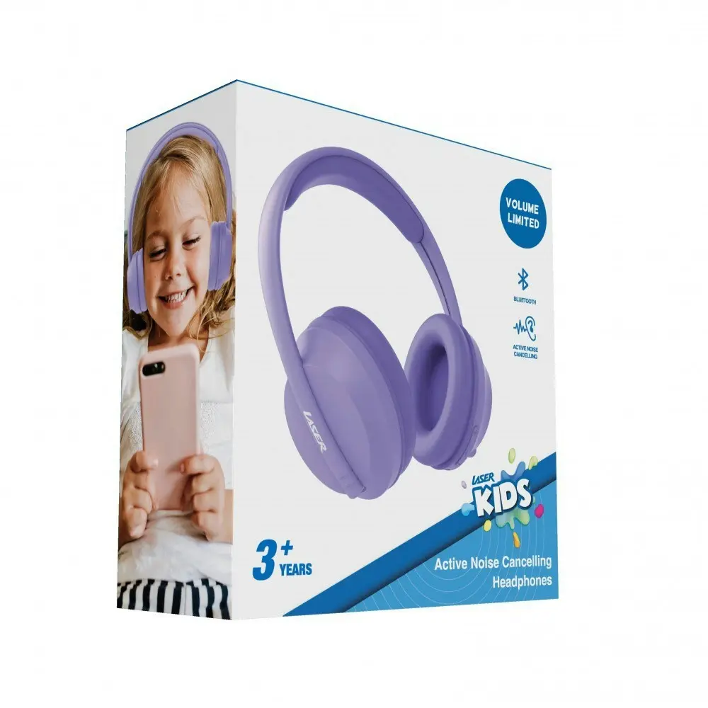 Laser Kids ANC Wireless Bluetooth Over-Ear Headphones Headset w/ Mic Lilac 3y+