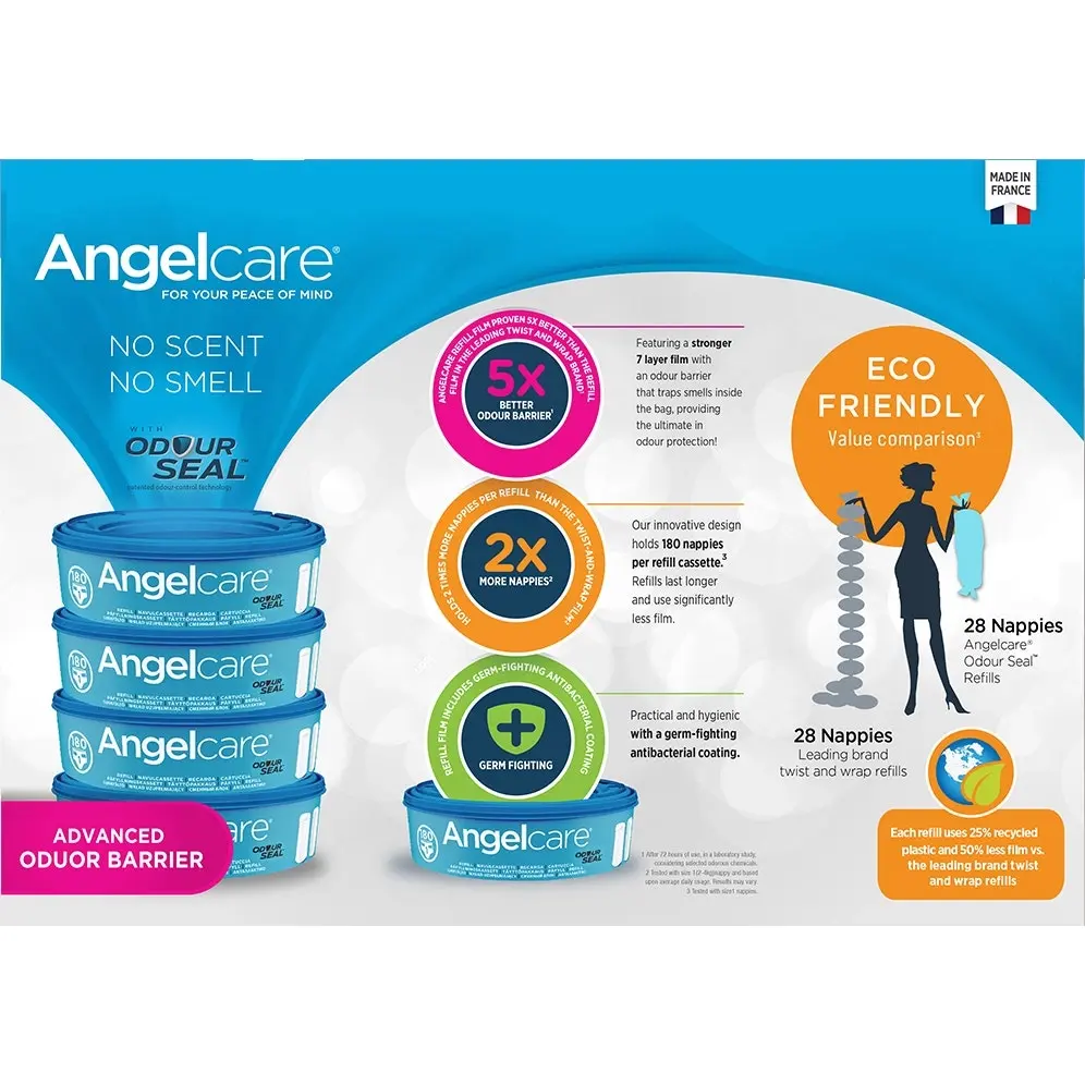 Angelcare Odour Seal Nappy Disposal System/Bin Starter w/ 4 Cassettes Refills