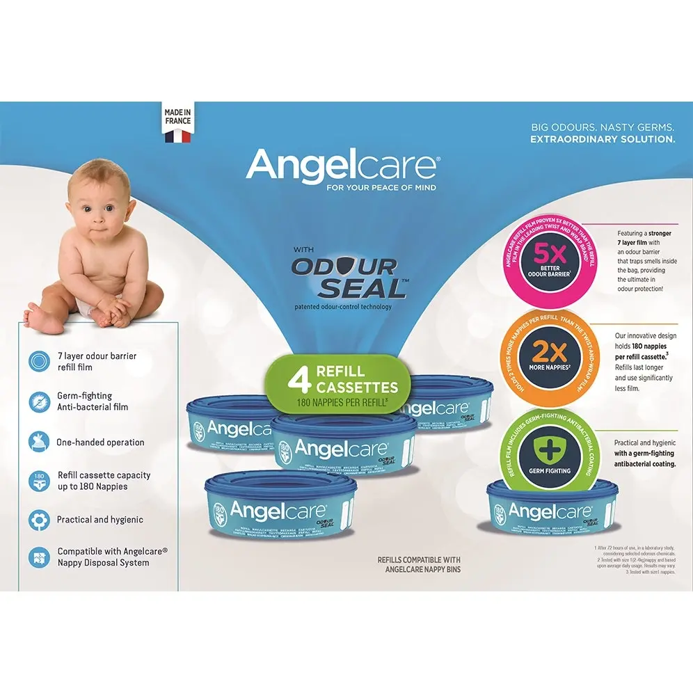 Angelcare Odour Seal Nappy Disposal System/Bin Starter w/ 4 Cassettes Refills