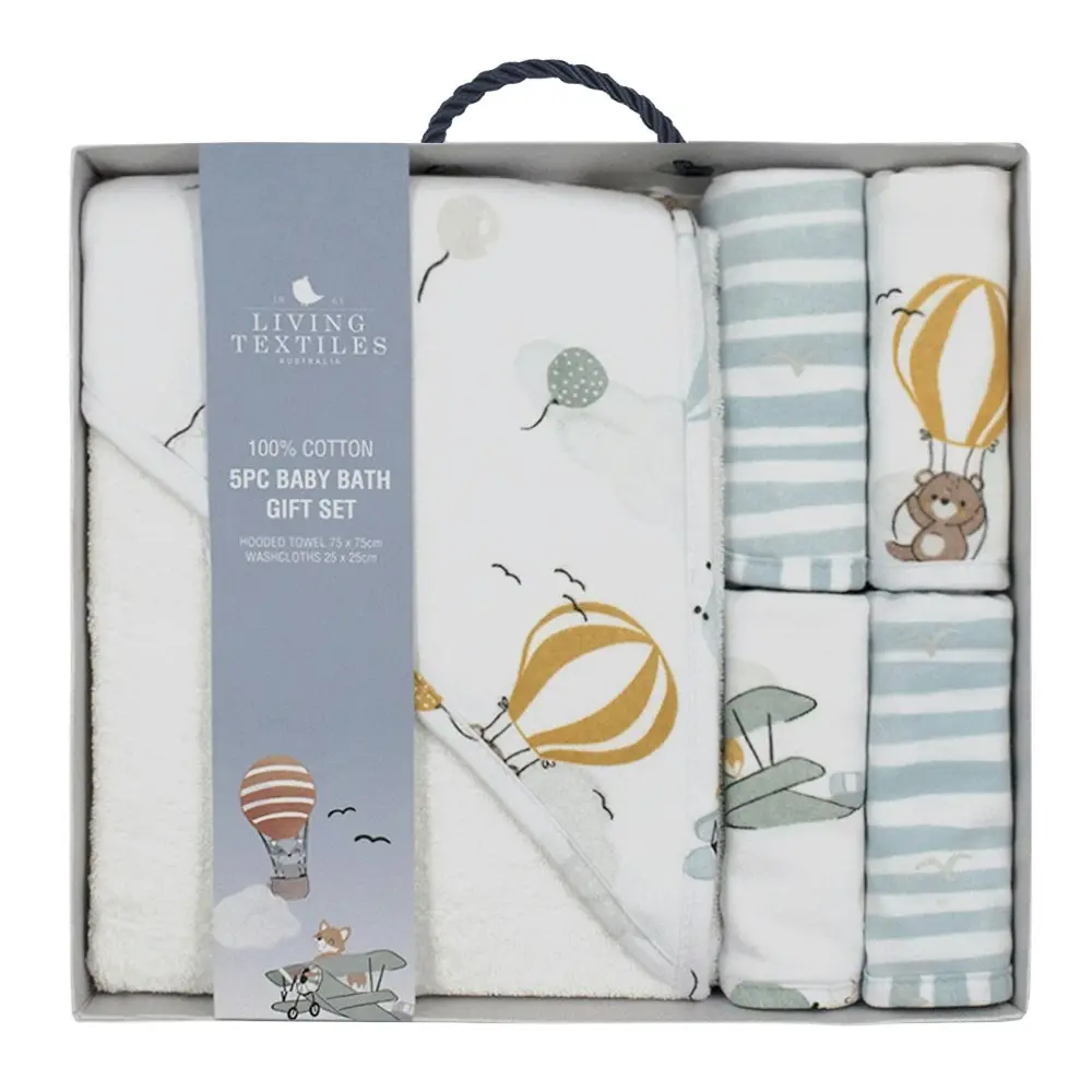 5pc Living Textiles Infant/Baby Cotton Hooded Towel Bath Gift Set Up Up & Away