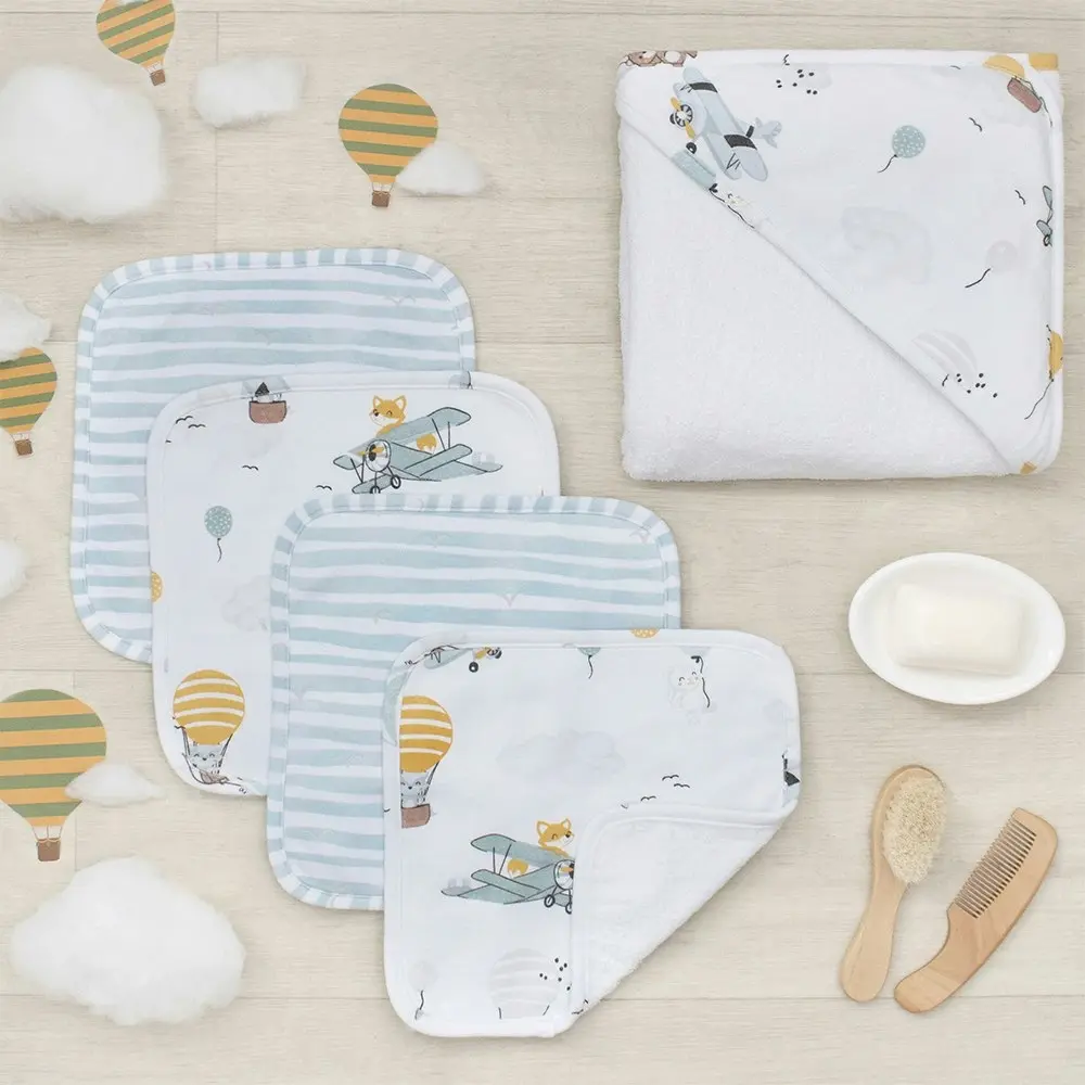 5pc Living Textiles Infant/Baby Cotton Hooded Towel Bath Gift Set Up Up & Away