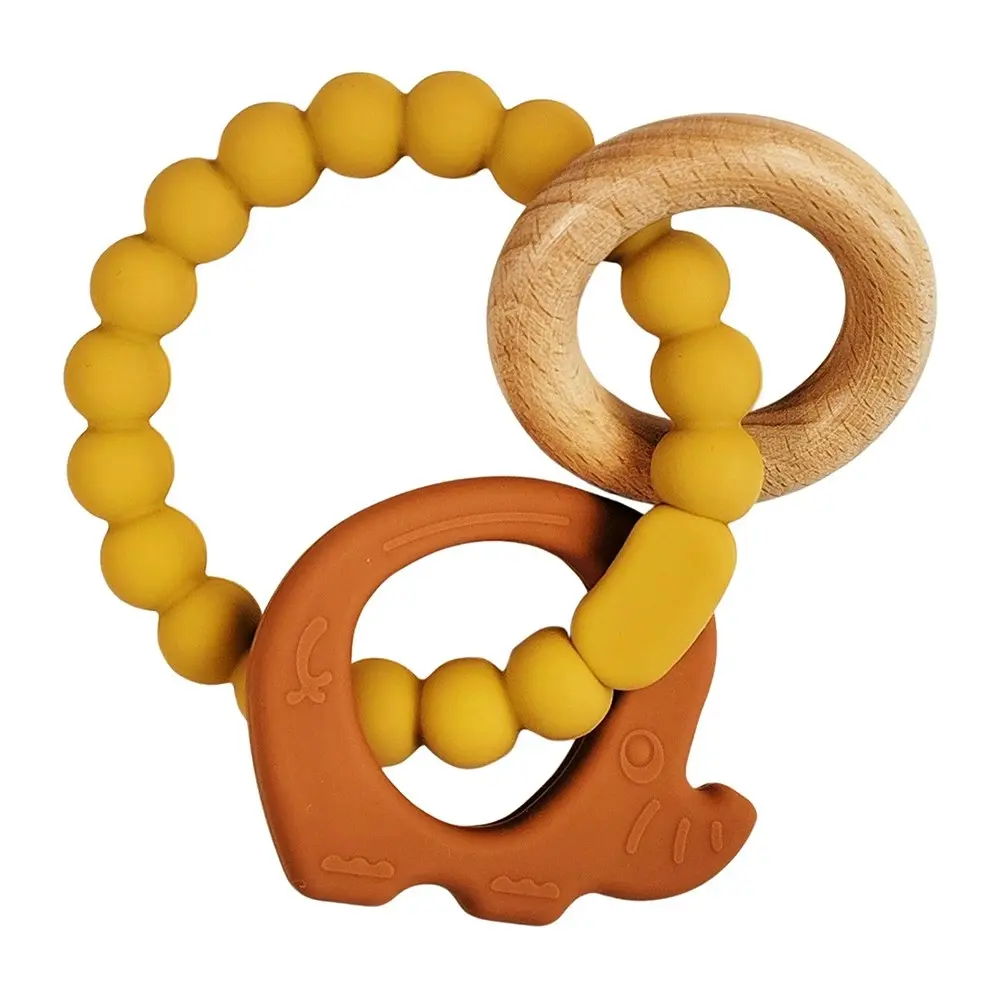 2x Urban Elephant 14cm Silicone Teether Ring Baby/Infant Toy Mustard & Natural