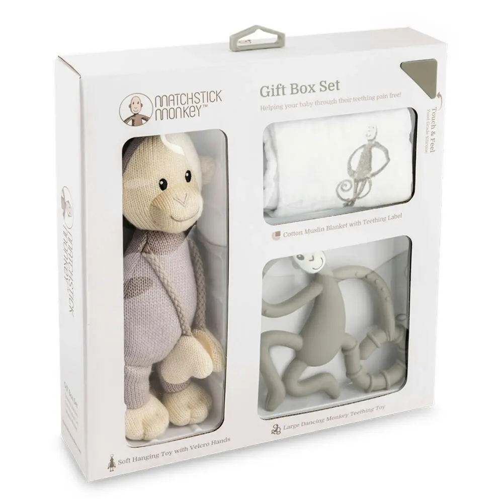 Matchstick Monkey Teething Gift Set Plush/Teether/Muslin Blanket Baby 3m+ Grey