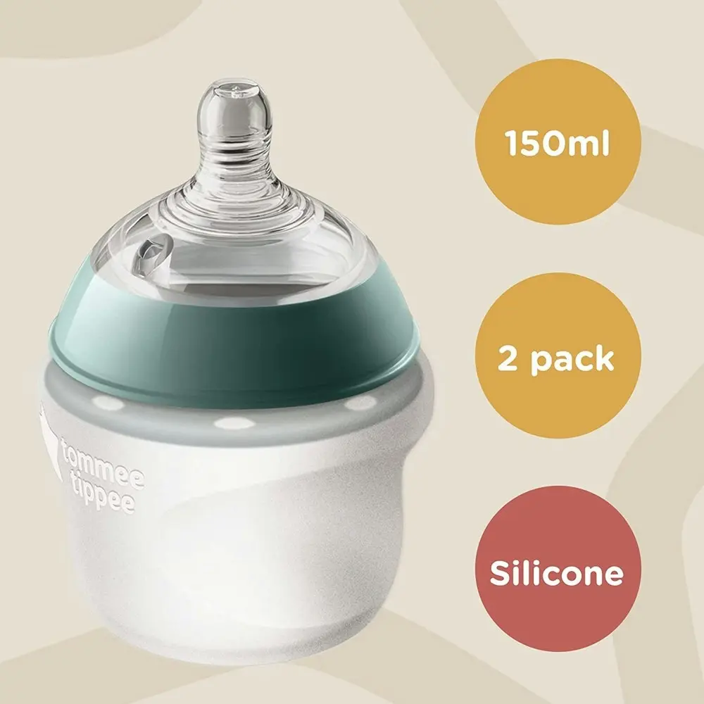 2pc Tommee Tippee 150ml Baby Soft Silicone Feeding Bottle Slow Flow w/Lid 0m+