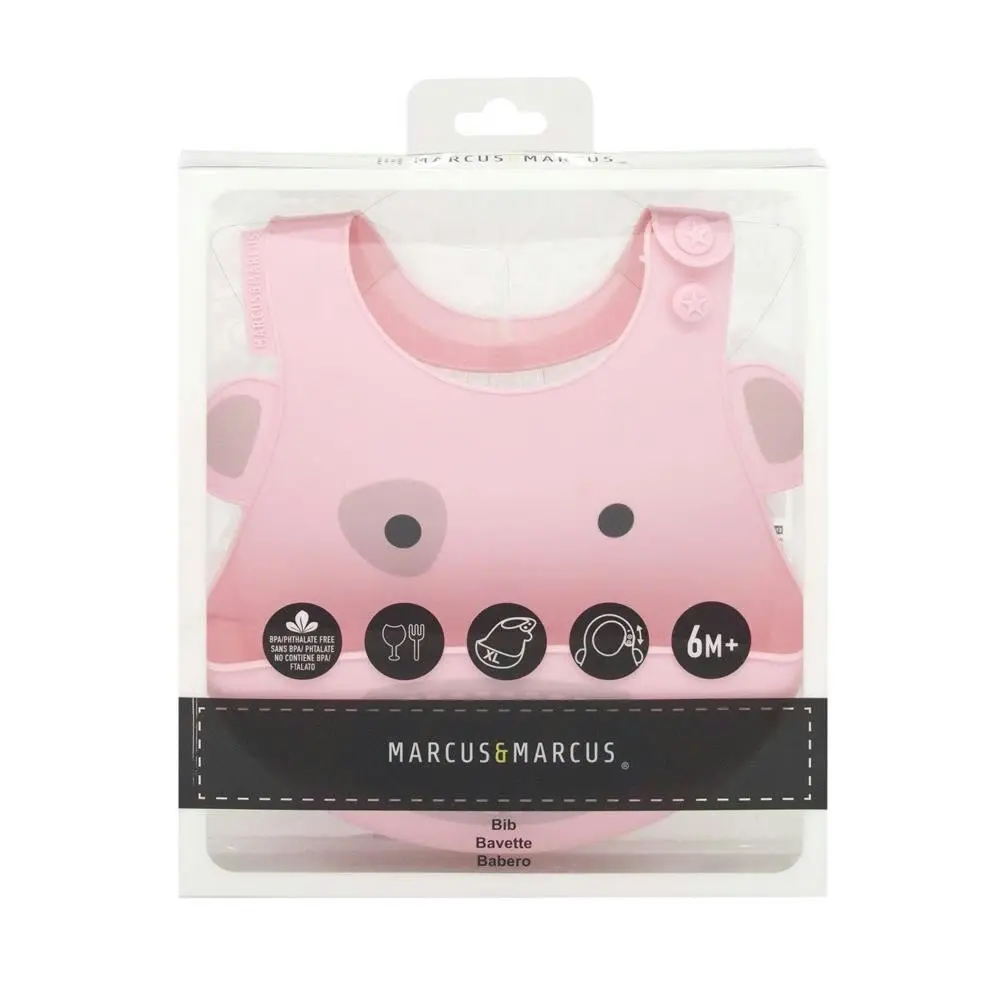 Marcus & Marcus Baby Feeding Bib Pokey Pig Silicone w/ Crumb Catcher 6m+ Pink