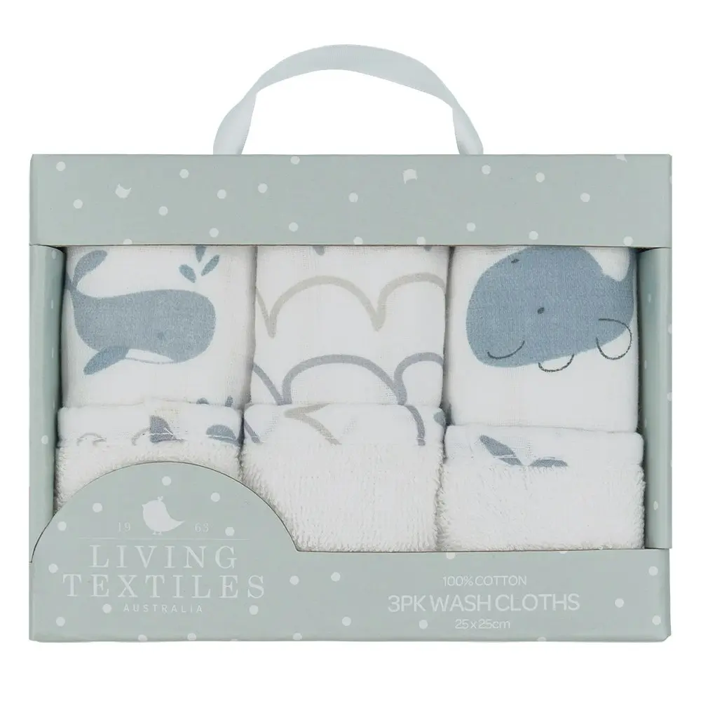 3pc Living Textiles Cotton Muslin Baby/Infant Bathroom Wash Cloths Whale Themed