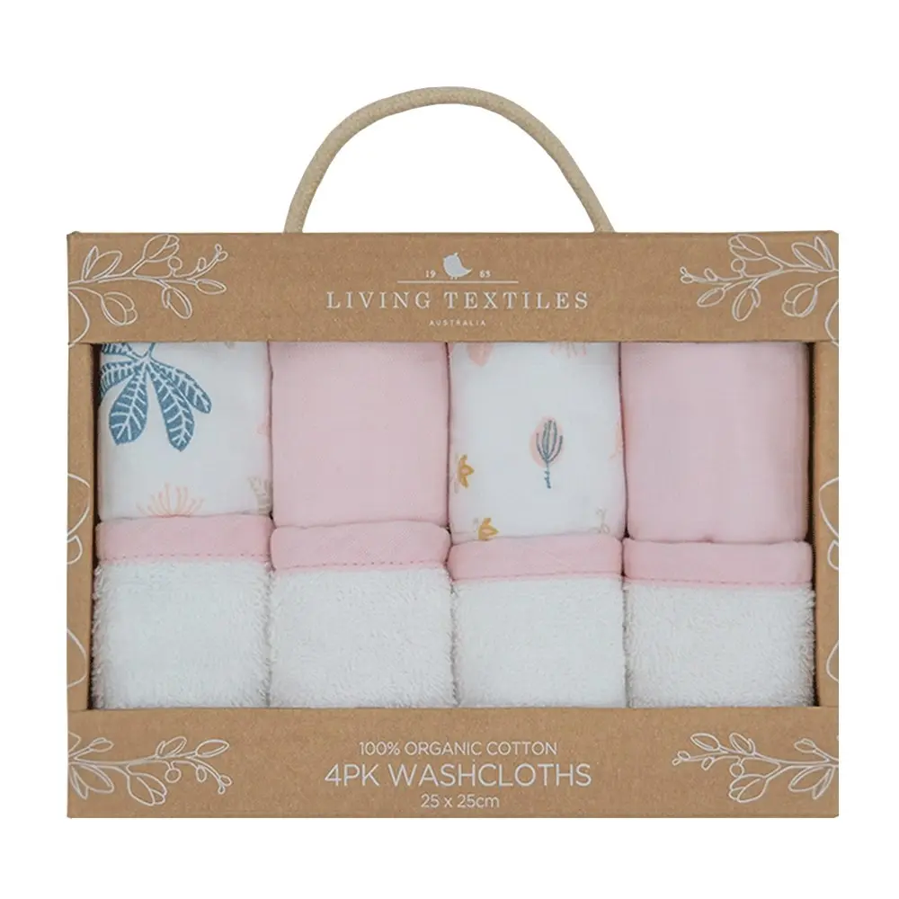 4pc Living Textiles Organic Cotton Muslin Baby Wash Cloths Botanical/Blush