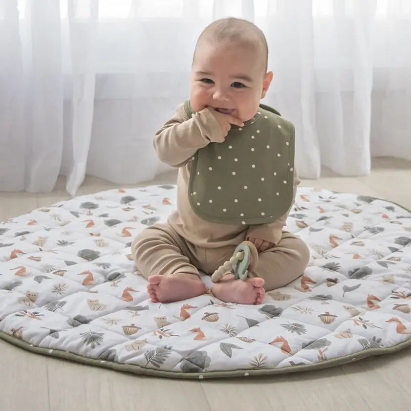 2pc Living Textiles Children's Cotton Feeding Bibs Forest Retreat/Olive Dots