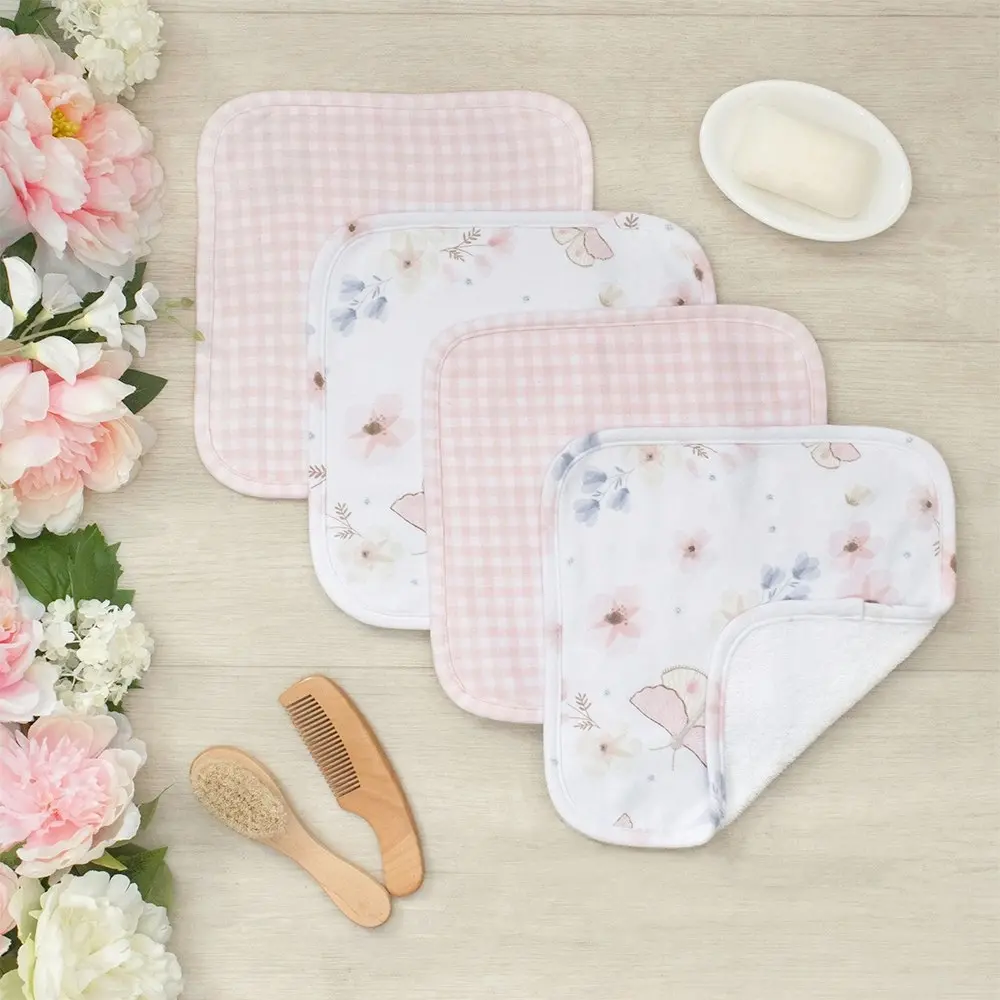 4pc Living Textiles Newborn/Baby/Infant Cotton Wash Cloths Butterfly Garden