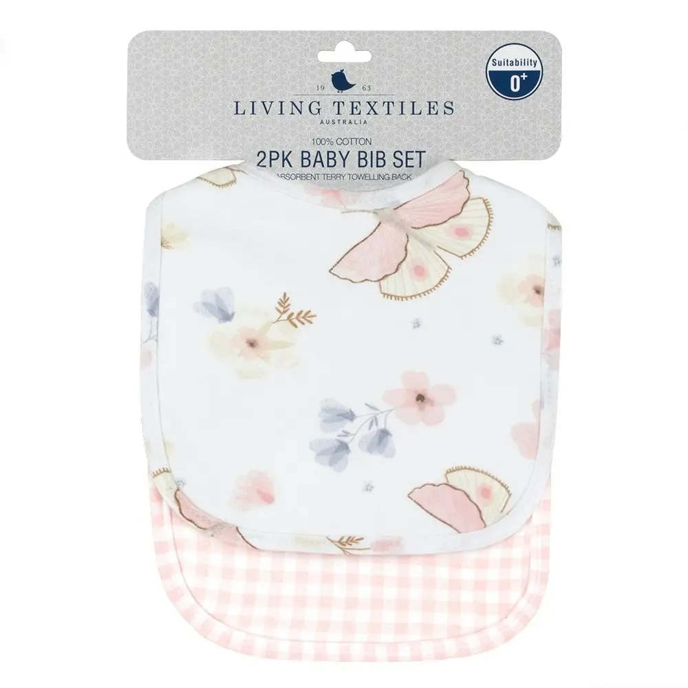 2pc Living Textiles Baby/Newborn/Children's Cotton Bibs Butterfly/Blush Gingham