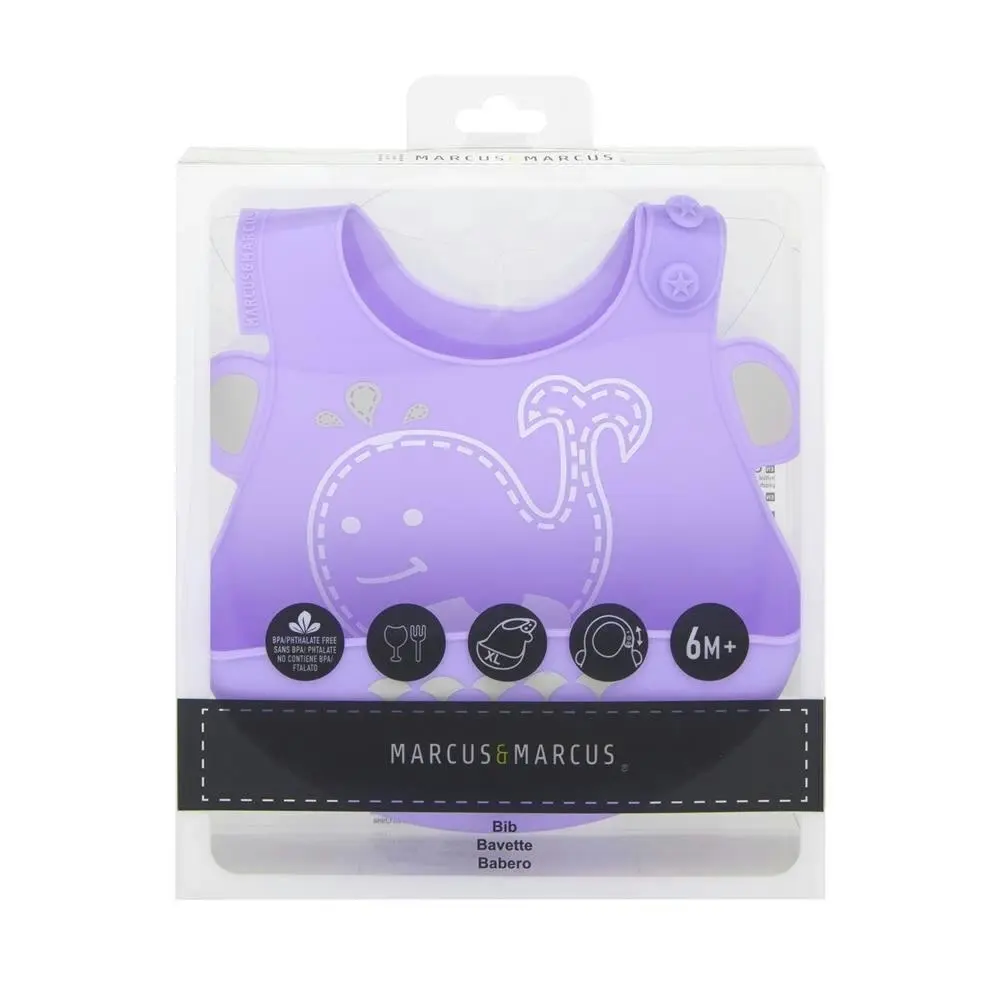 Marcus & Marcus Baby Bib Willo Whale Soft Silicone w/ Crumb Catcher 6m+ Lilac