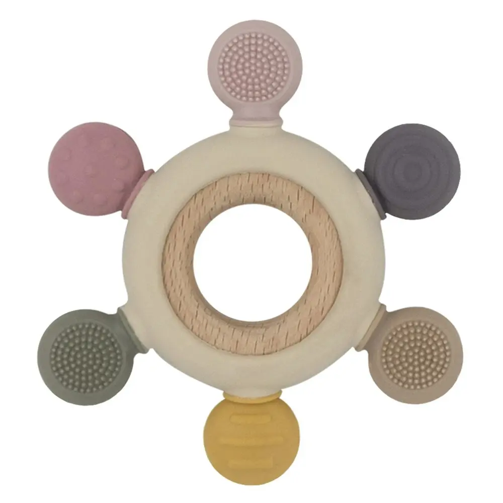 2x Playground Multi-Surface Baby 11cm Silicone/Beechwood Teething Wheel 3m+ Rose