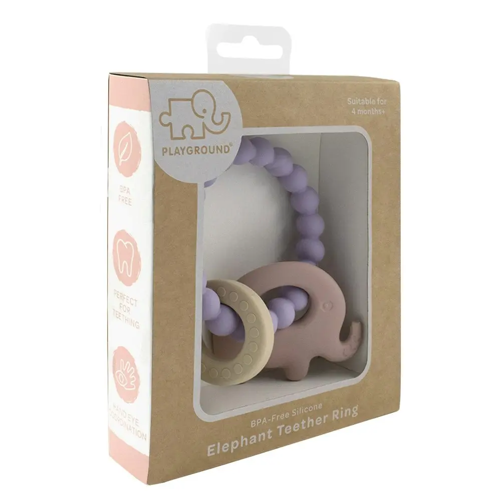 2x Playground Baby 11cm Silicone/Beechwood Elephant Teether Teething 3m+ Lilac