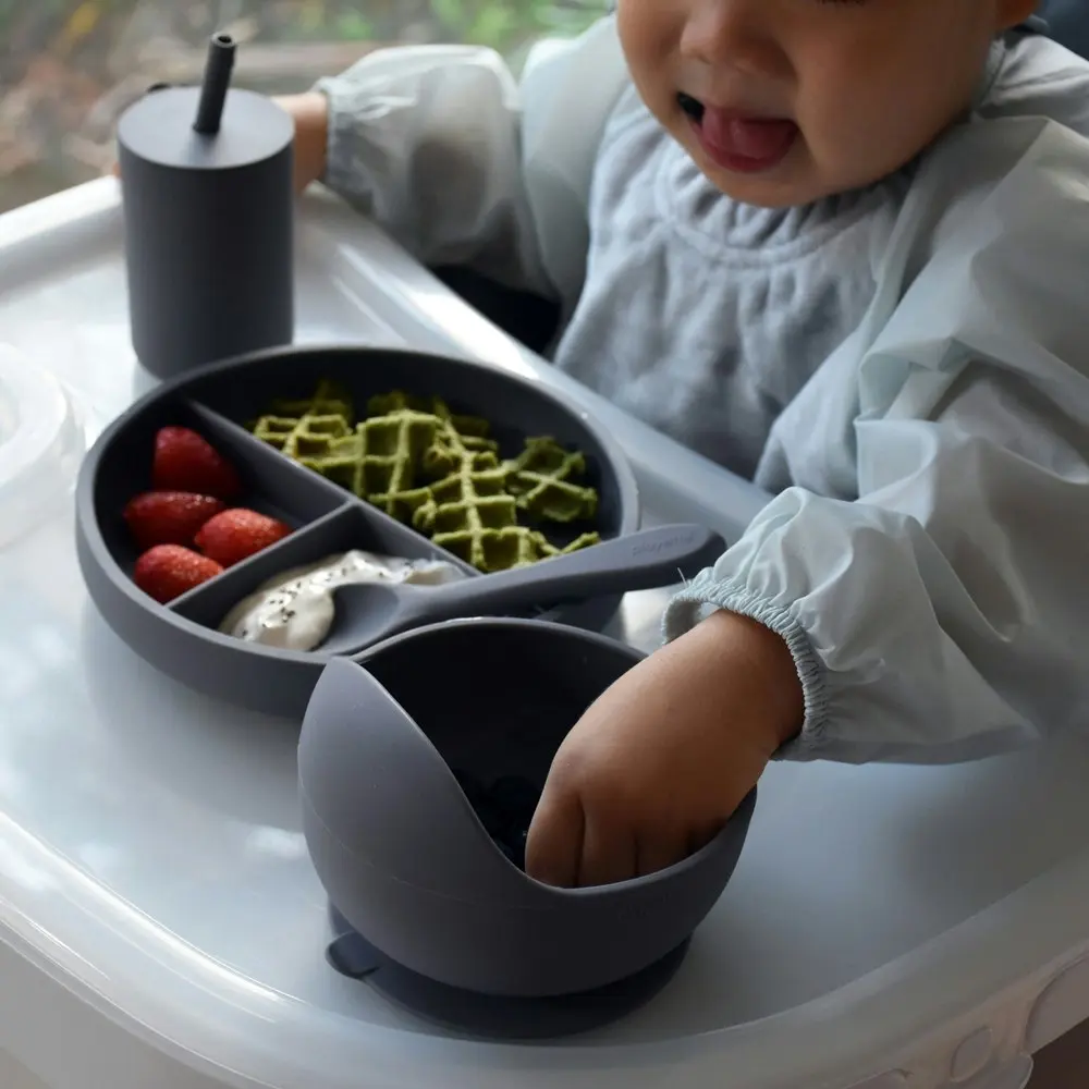 Playette Silicone Baby Feeding Dinnerware Set Plate/Bowl/Spoon/Cup Grey 4m+