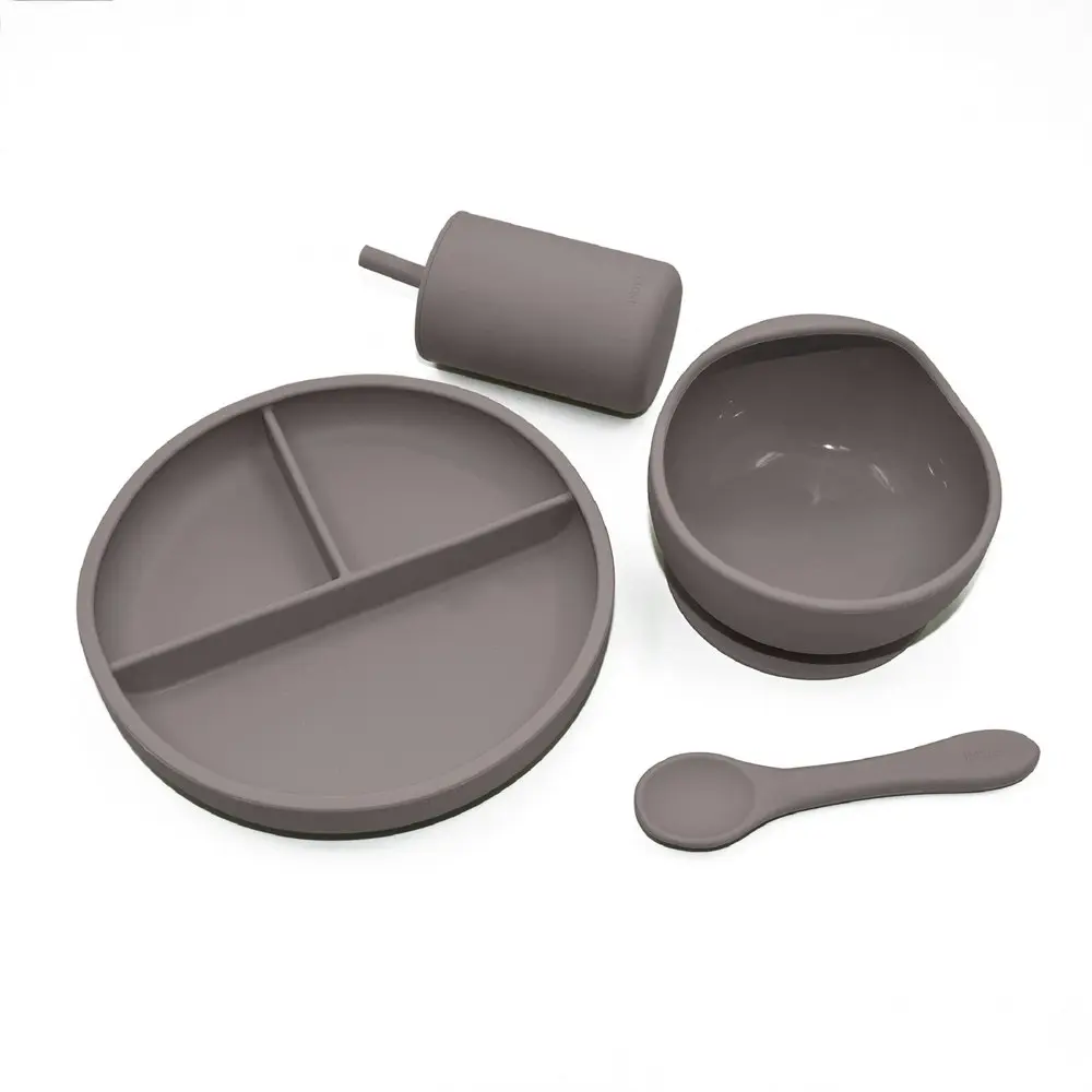 Playette Silicone Baby Feeding Dinnerware Set Plate/Bowl/Spoon/Cup Grey 4m+