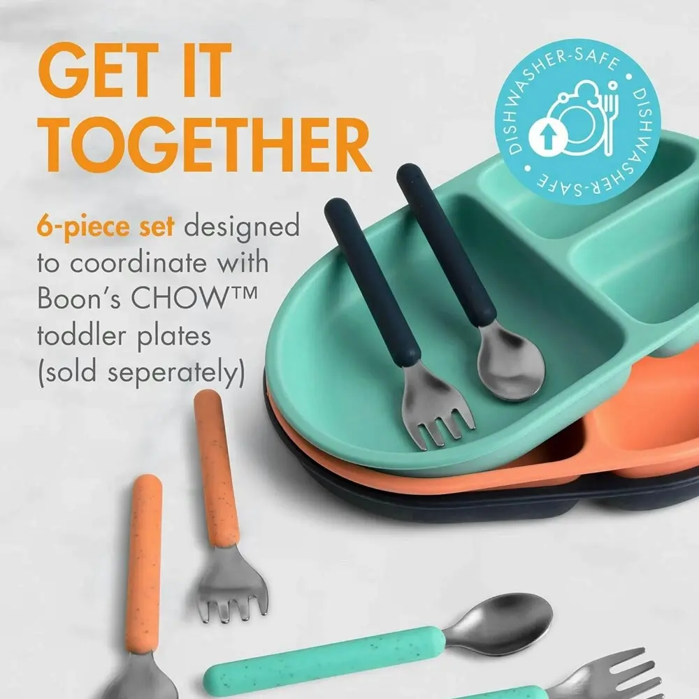 6pc Boon Chow Baby/Toddler Stainless Steel Utensils Mint/Orange/Navy 18M+