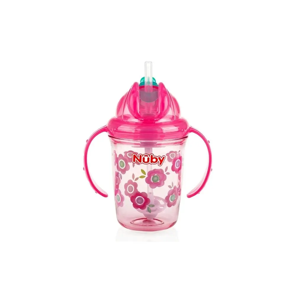 2x Nuby Tritan Weighted Sipping Straw Flip It Drinking Cup 240ml 12m+ Assorted