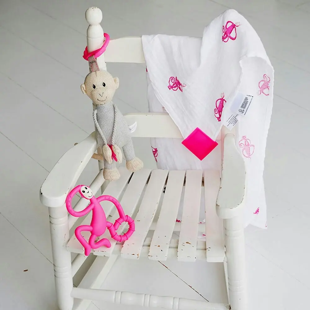 Matchstick Monkey Teething Gift Set Plush/Teether/Muslin Blanket Baby 3m+ Pink