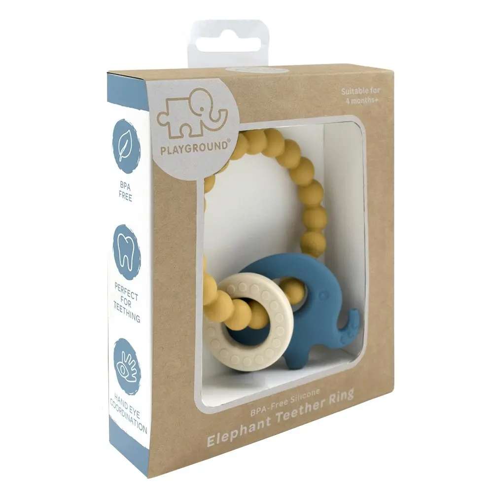 2x Playground Baby 11cm Silicone/Beechwood Elephant Teether/Teething 3m+ Blue