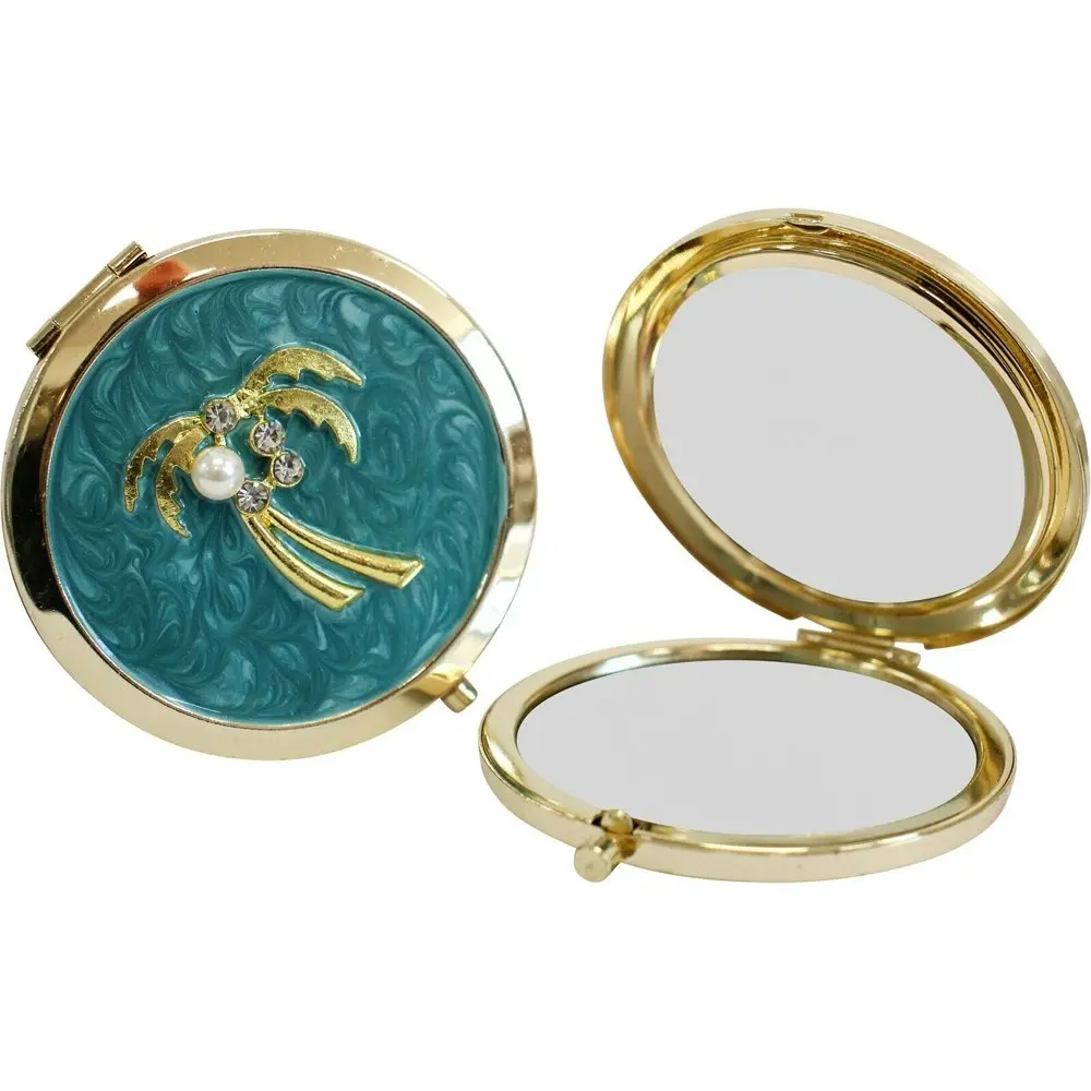 2x LVD Azure Palm Metal/Enamel/Glass 7cm Makeup Mirror Folding Cosmetic Round