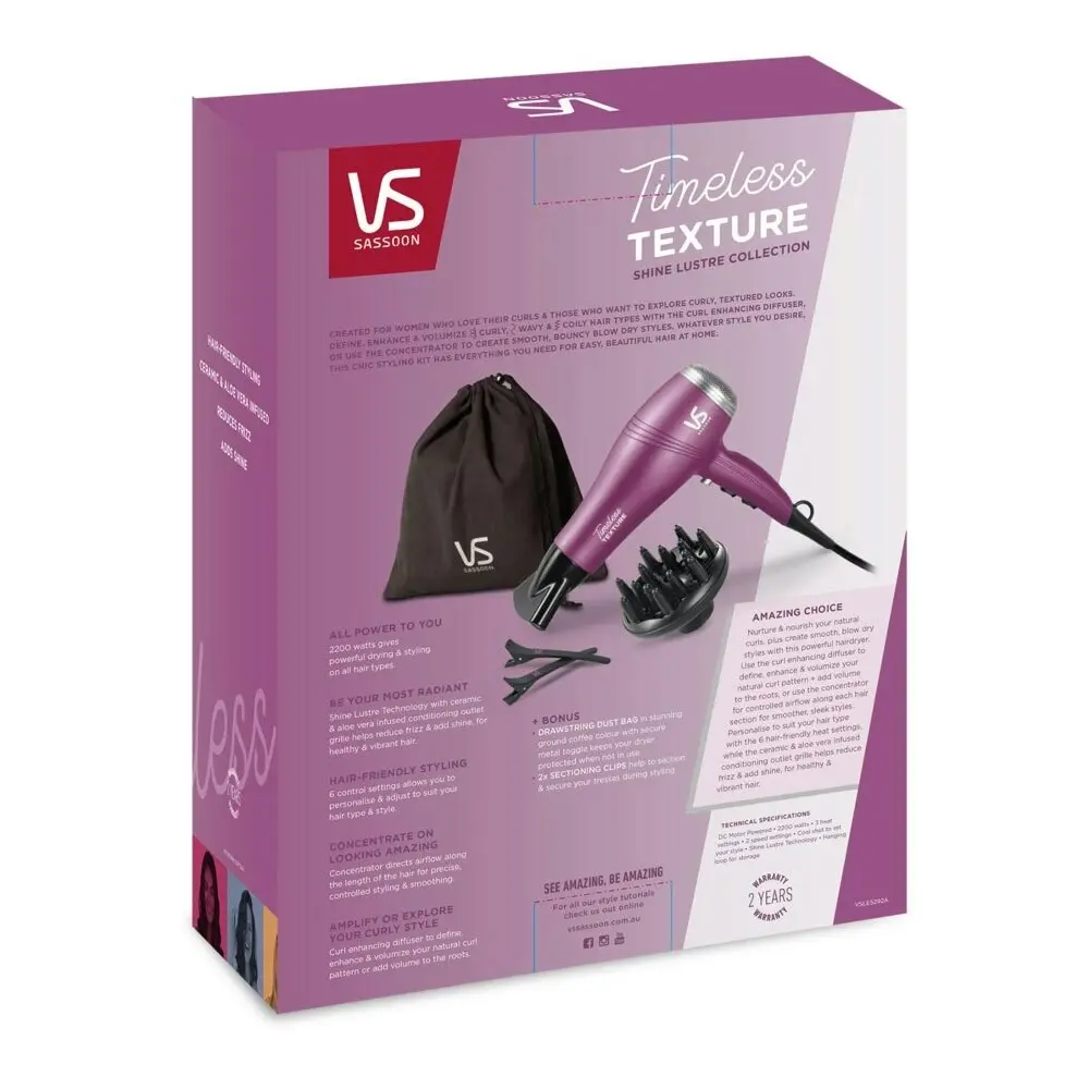 VS Sassoon Electric Shine Lustre Timeless Texture Hair Dryer Tool 2200W